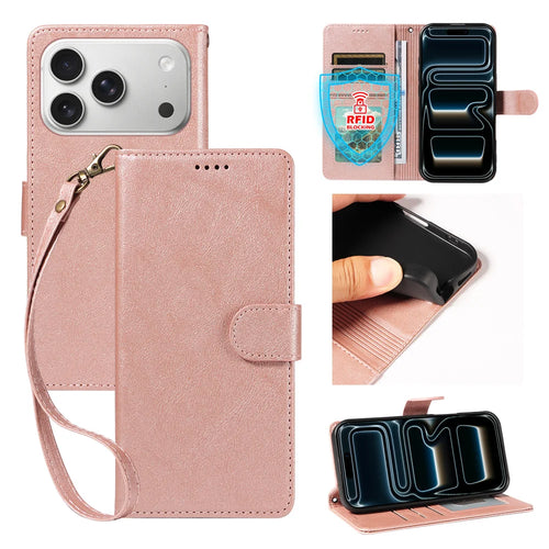 For iPhone 18 Pro / iPhone 17 Pro Case with Wrist Strap RFID Blocking Wallet Cowhide Texture Leather Phone Cover - Rose Gold - 1
