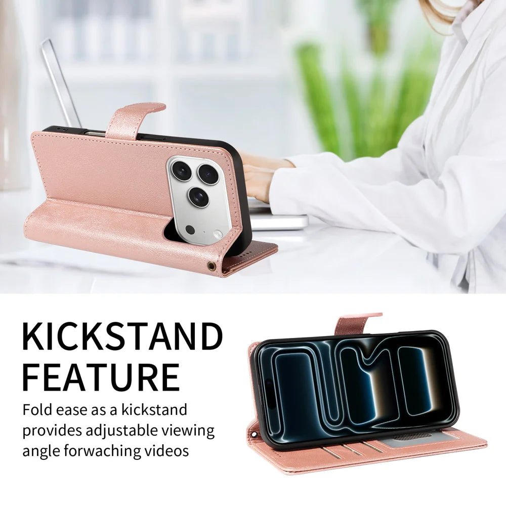 For iPhone 18 Pro / iPhone 17 Pro Case with Wrist Strap RFID Blocking Wallet Cowhide Texture Leather Phone Cover - Rose Gold - 2