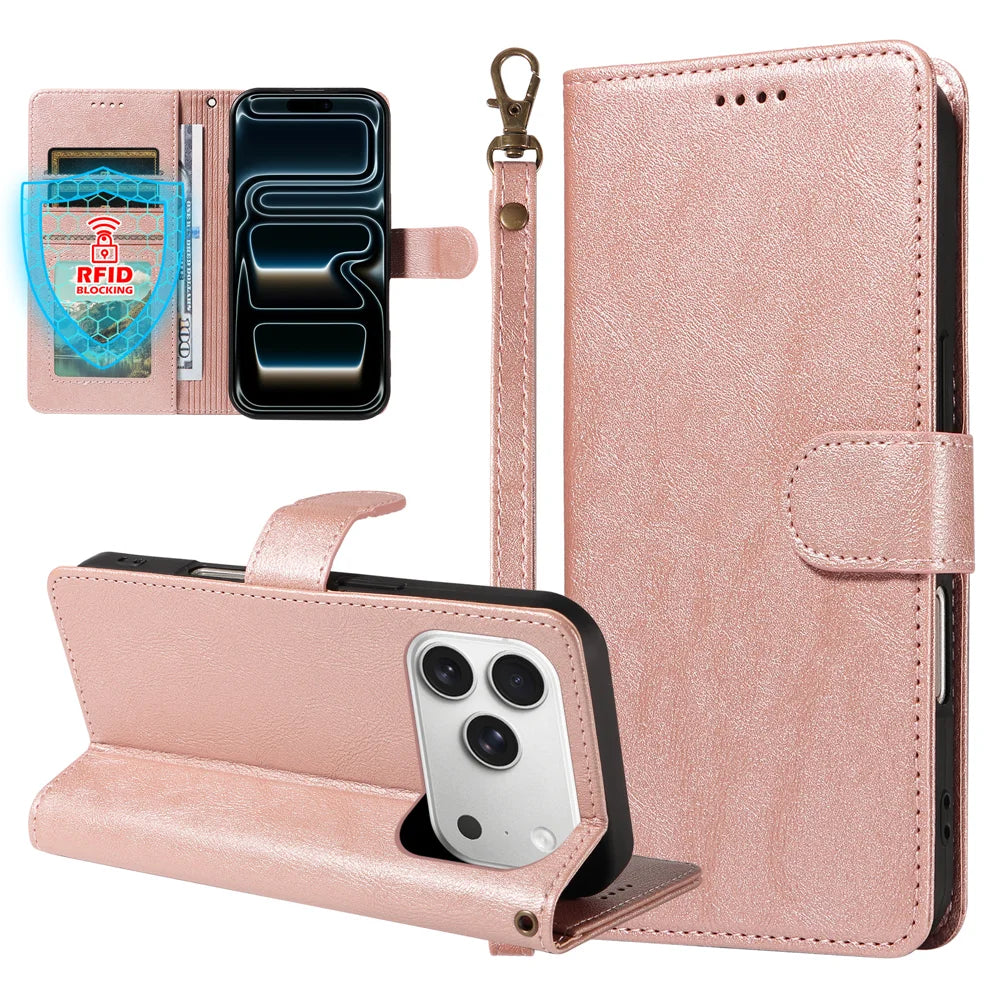 For iPhone 18 Pro / iPhone 17 Pro Case with Wrist Strap RFID Blocking Wallet Cowhide Texture Leather Phone Cover - Rose Gold - 3