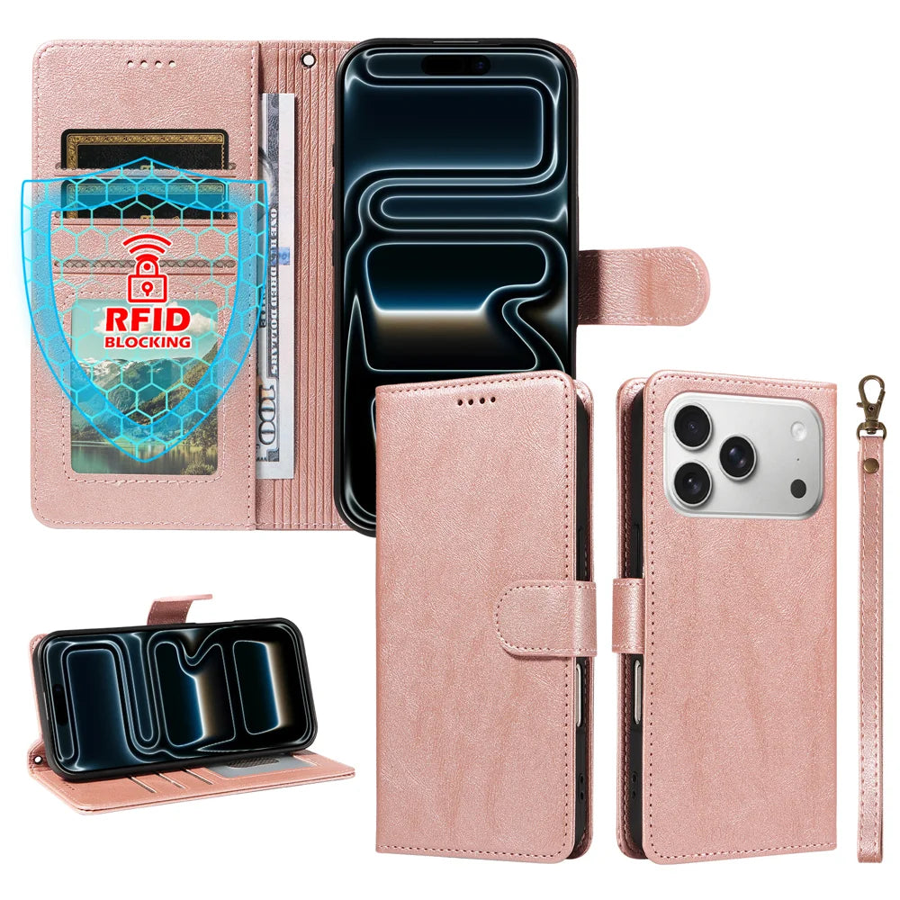 For iPhone 18 Pro / iPhone 17 Pro Case with Wrist Strap RFID Blocking Wallet Cowhide Texture Leather Phone Cover - Rose Gold - 4