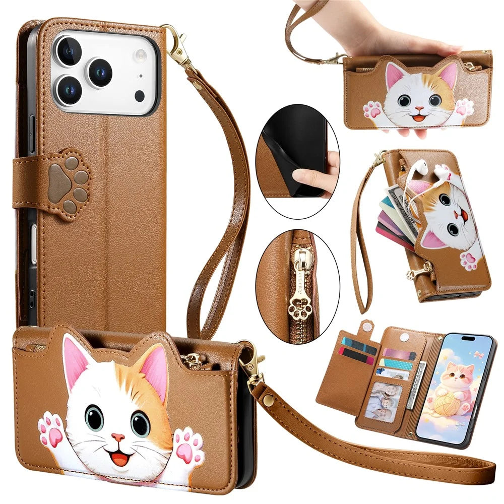 For iPhone 18 Pro Max / 17 Pro Max Leather Case Cartoon Cat Pattern Wallet Stand Phone Cover with Wrist Strap - Brown - 1