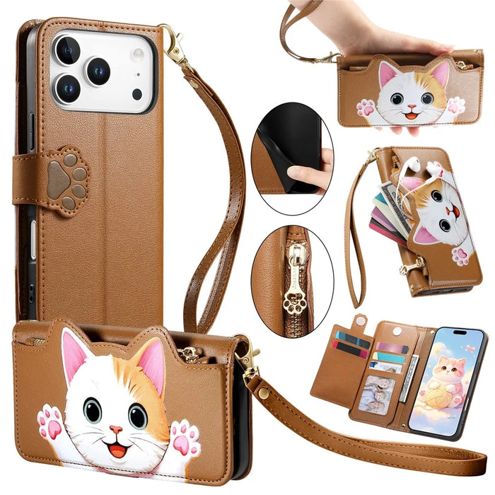 For iPhone 18 Pro Max / 17 Pro Max Leather Case Cartoon Cat Pattern Wallet Stand Phone Cover with Wrist Strap - Brown - 1