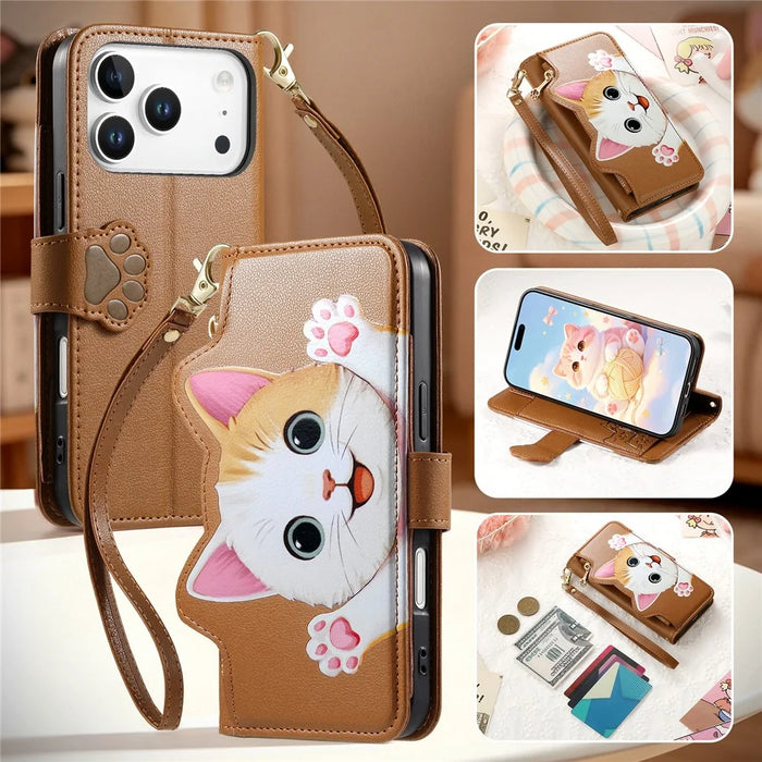 For iPhone 18 Pro Max / 17 Pro Max Leather Case Cartoon Cat Pattern Wallet Stand Phone Cover with Wrist Strap - Brown - 7