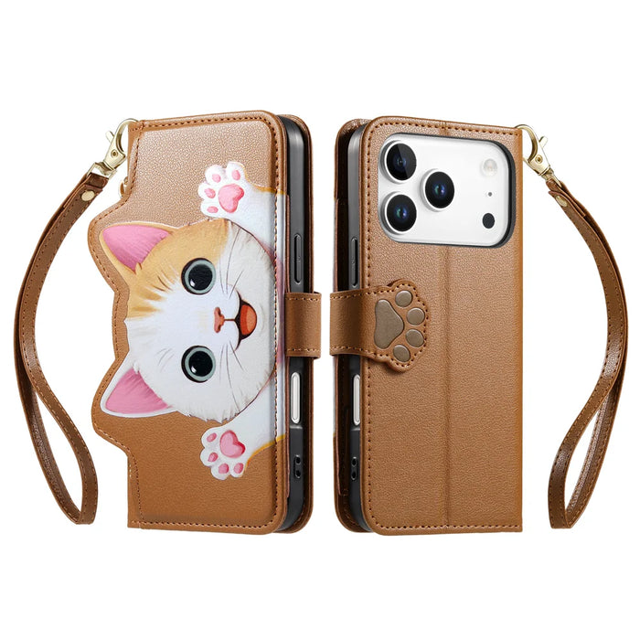 For iPhone 18 Pro / 17 Pro Case Cute Cat Pattern PU Leather Wallet Phone Cover with Wrist Strap - Brown - 2