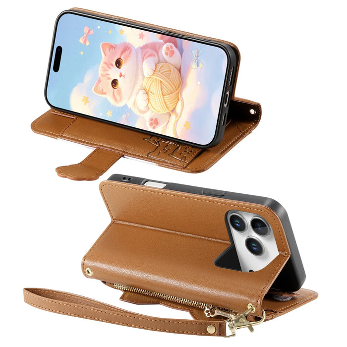For iPhone 18 Pro / 17 Pro Case Cute Cat Pattern PU Leather Wallet Phone Cover with Wrist Strap - Brown - 3