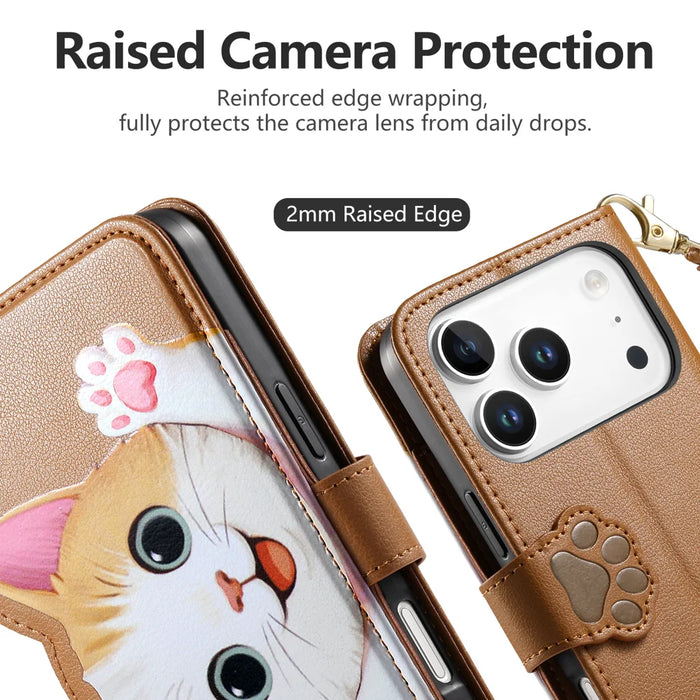 For iPhone 18 Pro / 17 Pro Case Cute Cat Pattern PU Leather Wallet Phone Cover with Wrist Strap - Brown - 5