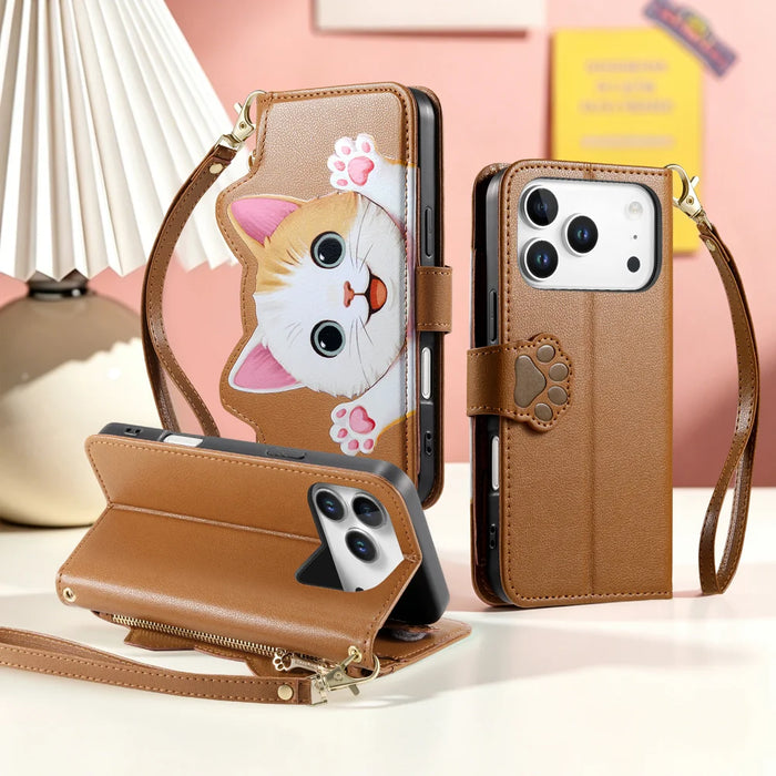 For iPhone 18 Pro / 17 Pro Case Cute Cat Pattern PU Leather Wallet Phone Cover with Wrist Strap - Brown - 6