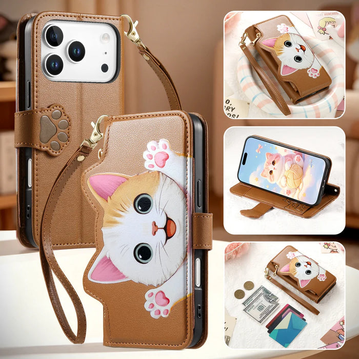 For iPhone 18 Pro / 17 Pro Case Cute Cat Pattern PU Leather Wallet Phone Cover with Wrist Strap - Brown - 7