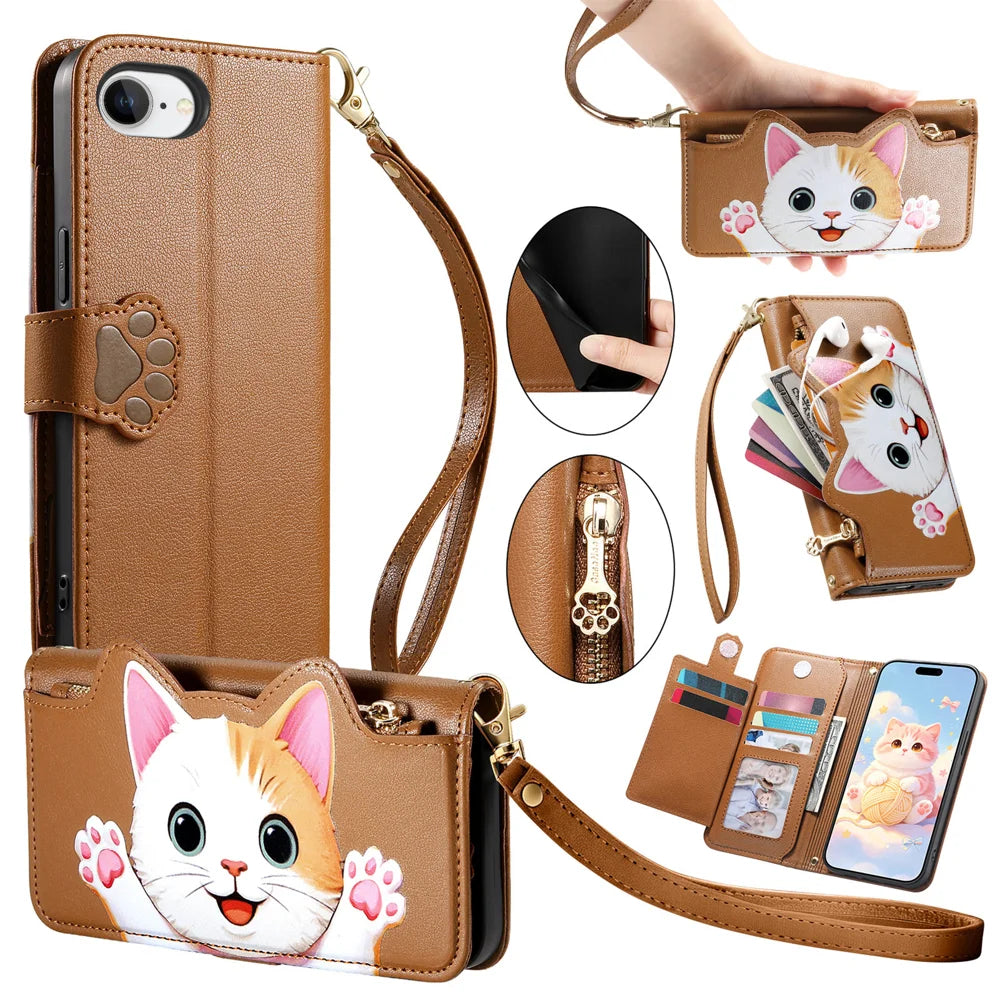 For iPhone 16e / iPhone 17e Case Cute Cat Pattern PU Leather Wallet Phone Cover with Wrist Strap - Brown - 1