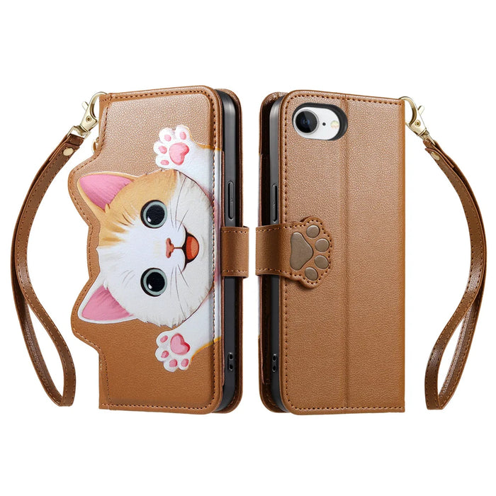 For iPhone 16e / iPhone 17e Case Cute Cat Pattern PU Leather Wallet Phone Cover with Wrist Strap - Brown - 2
