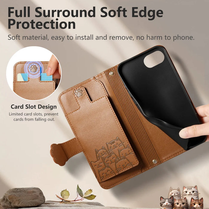 For iPhone 16e / iPhone 17e Case Cute Cat Pattern PU Leather Wallet Phone Cover with Wrist Strap - Brown - 4