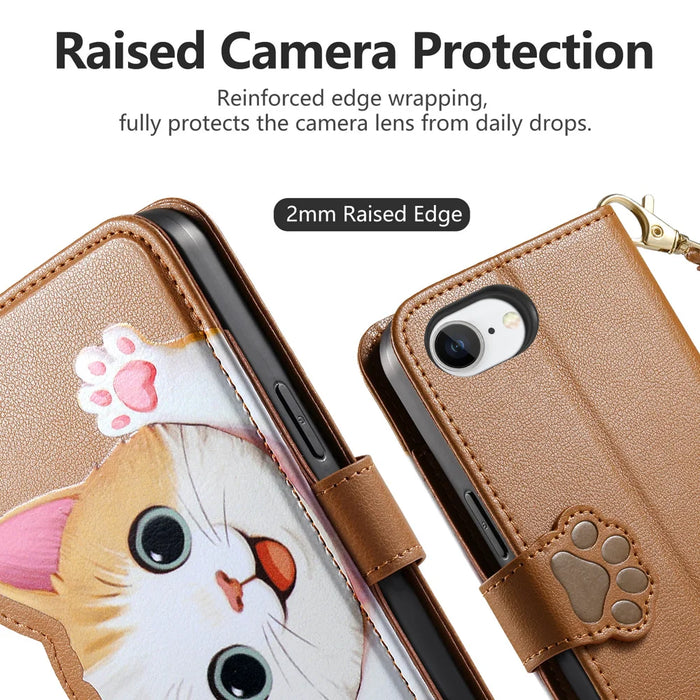 For iPhone 16e / iPhone 17e Case Cute Cat Pattern PU Leather Wallet Phone Cover with Wrist Strap - Brown - 5