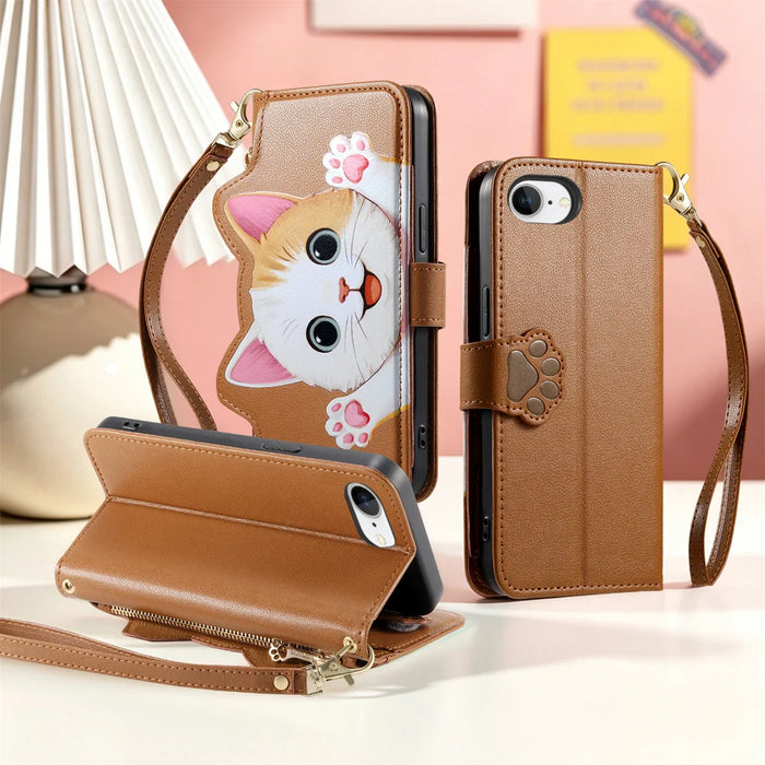 For iPhone 16e / iPhone 17e Case Cute Cat Pattern PU Leather Wallet Phone Cover with Wrist Strap - Brown - 6