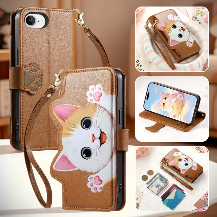 For iPhone 16e / iPhone 17e Case Cute Cat Pattern PU Leather Wallet Phone Cover with Wrist Strap - Brown - 7