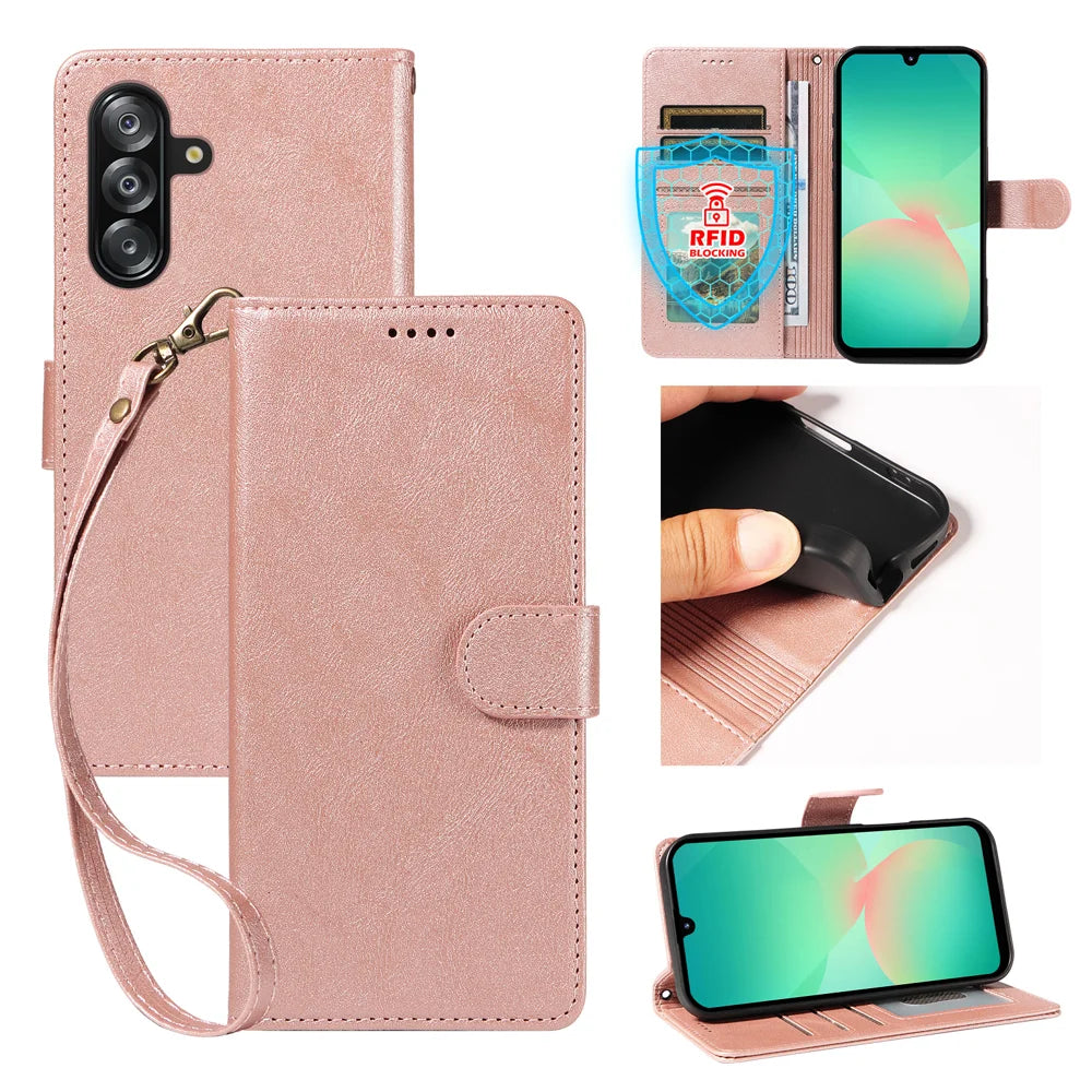 For Samsung Galaxy A18 5G / A17 5G / A17 4G / A26 5G / A16 5G / A16 4G Case with Wrist Strap RFID Blocking Wallet Cowhide Texture Leather Phone Cover - Rose Gold - 1