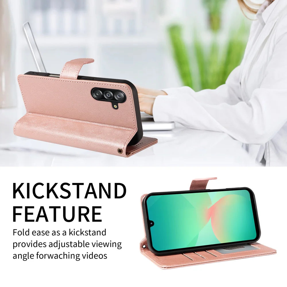 For Samsung Galaxy A18 5G / A17 5G / A17 4G / A26 5G / A16 5G / A16 4G Case with Wrist Strap RFID Blocking Wallet Cowhide Texture Leather Phone Cover - Rose Gold - 2