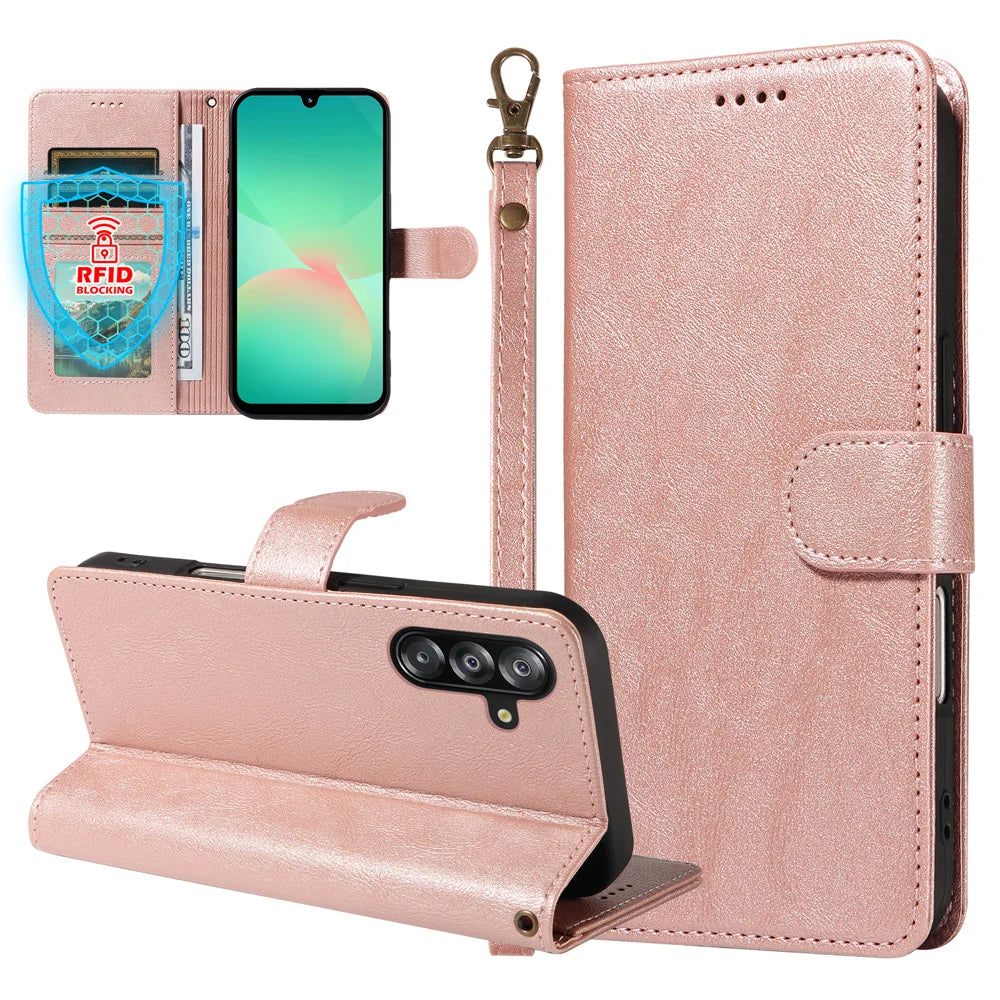 For Samsung Galaxy A18 5G / A17 5G / A17 4G / A26 5G / A16 5G / A16 4G Case with Wrist Strap RFID Blocking Wallet Cowhide Texture Leather Phone Cover - Rose Gold - 3