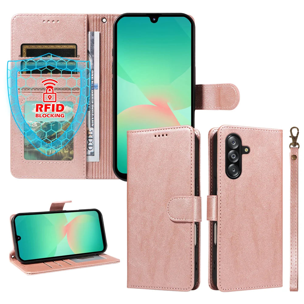 For Samsung Galaxy A18 5G / A17 5G / A17 4G / A26 5G / A16 5G / A16 4G Case with Wrist Strap RFID Blocking Wallet Cowhide Texture Leather Phone Cover - Rose Gold - 4