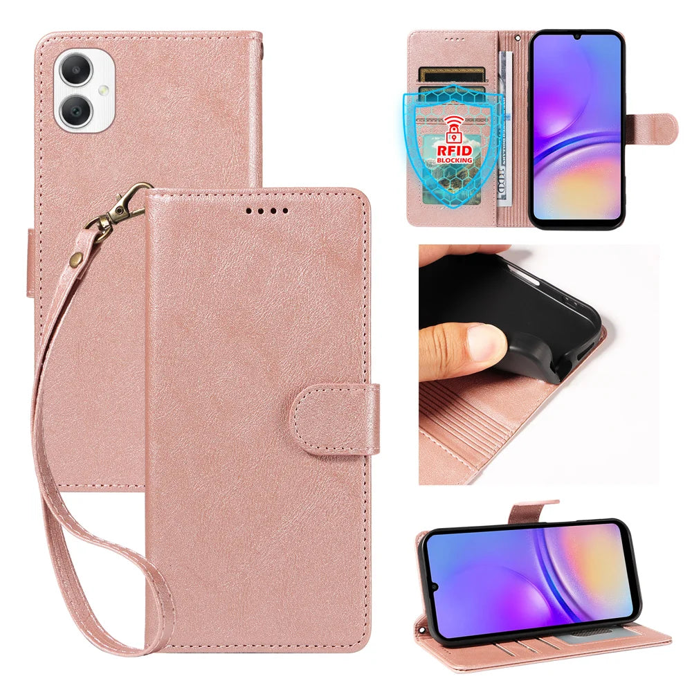 For Samsung Galaxy A08 5G / A08 4G / A07 5G / A06 5G / A06 4G Case with Wrist Strap RFID Blocking Wallet Cowhide Texture Leather Phone Cover - Rose Gold - 1
