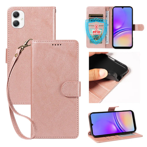 For Samsung Galaxy A08 5G / A08 4G / A07 5G / A06 5G / A06 4G Case with Wrist Strap RFID Blocking Wallet Cowhide Texture Leather Phone Cover - Rose Gold - 1