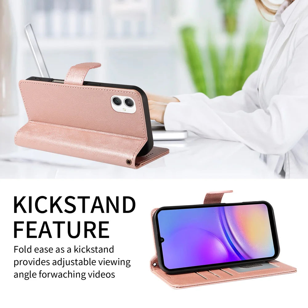 For Samsung Galaxy A08 5G / A08 4G / A07 5G / A06 5G / A06 4G Case with Wrist Strap RFID Blocking Wallet Cowhide Texture Leather Phone Cover - Rose Gold - 2