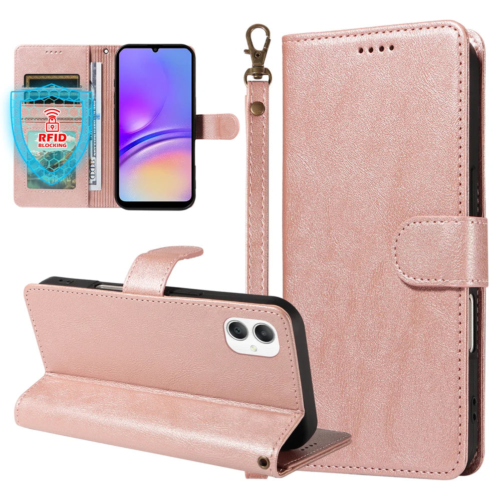 For Samsung Galaxy A08 5G / A08 4G / A07 5G / A06 5G / A06 4G Case with Wrist Strap RFID Blocking Wallet Cowhide Texture Leather Phone Cover - Rose Gold - 3