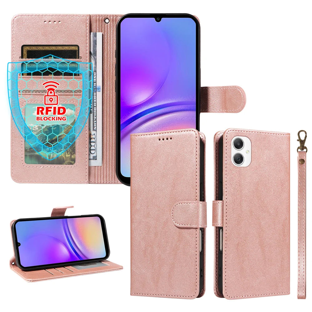 For Samsung Galaxy A08 5G / A08 4G / A07 5G / A06 5G / A06 4G Case with Wrist Strap RFID Blocking Wallet Cowhide Texture Leather Phone Cover - Rose Gold - 4
