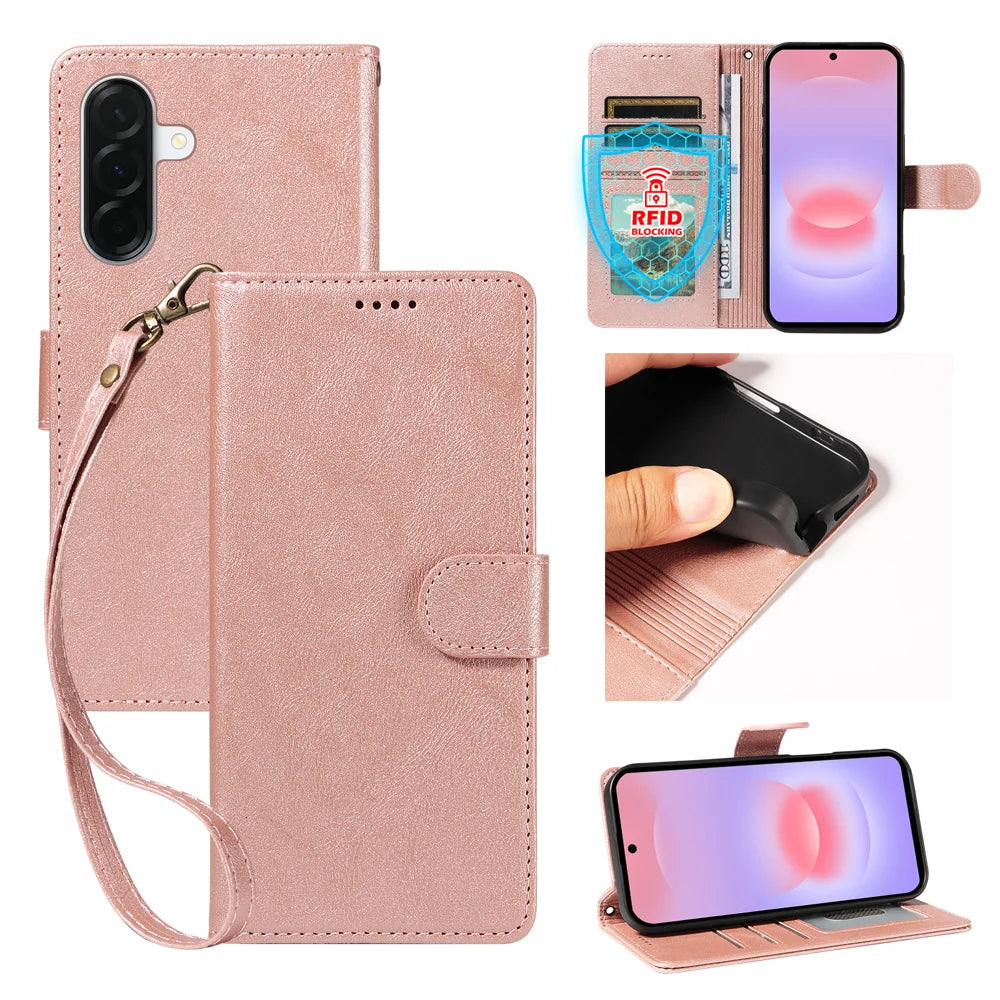 For Samsung Galaxy A37 5G Case with Wrist Strap RFID Blocking Wallet Cowhide Texture Leather Phone Cover - Rose Gold - 1