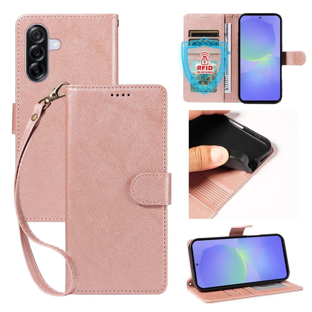 For Samsung Galaxy A36 5G Case with Wrist Strap RFID Blocking Wallet Cowhide Texture Leather Phone Cover - Rose Gold - 1