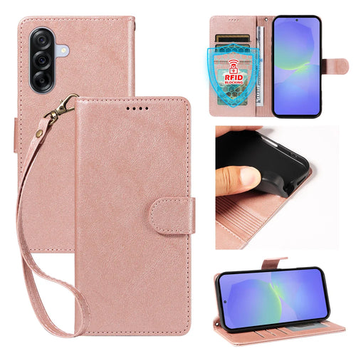 For Samsung Galaxy A36 5G Case with Wrist Strap RFID Blocking Wallet Cowhide Texture Leather Phone Cover - Rose Gold - 1