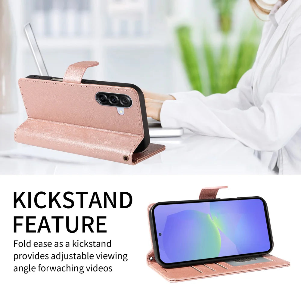 For Samsung Galaxy A36 5G Case with Wrist Strap RFID Blocking Wallet Cowhide Texture Leather Phone Cover - Rose Gold - 2