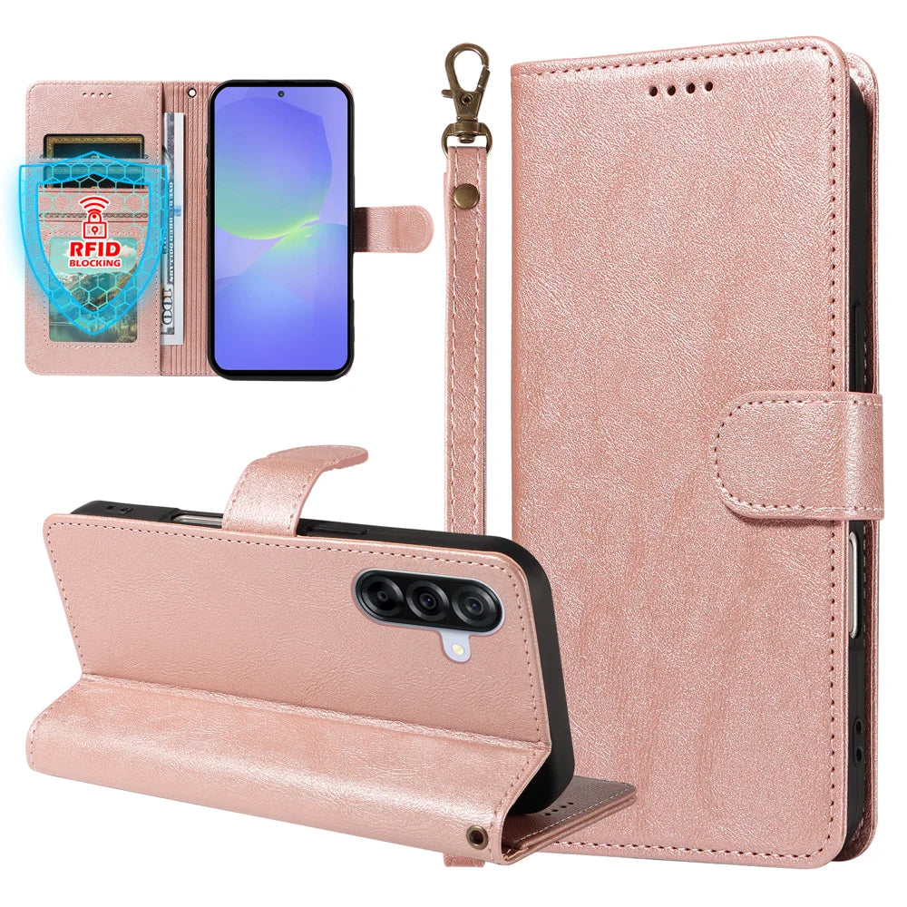 For Samsung Galaxy A36 5G Case with Wrist Strap RFID Blocking Wallet Cowhide Texture Leather Phone Cover - Rose Gold - 3
