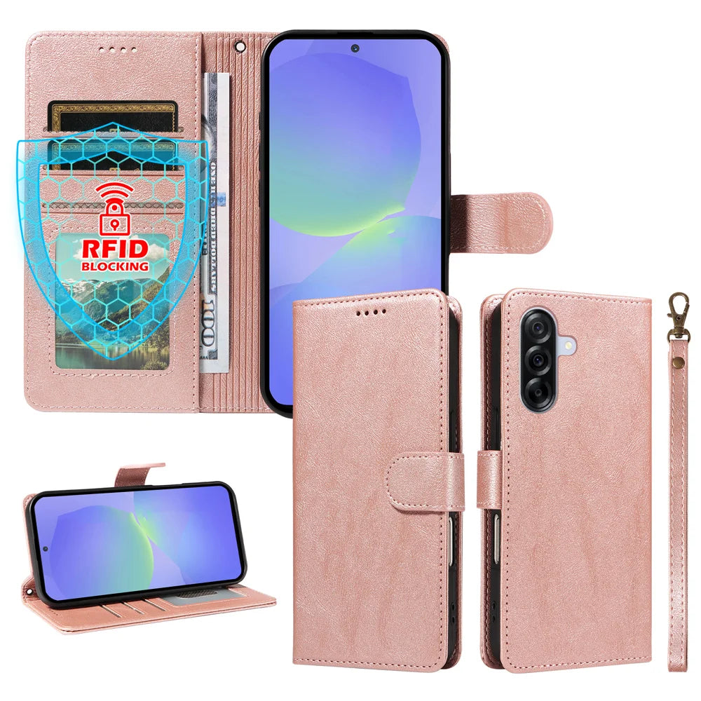For Samsung Galaxy A36 5G Case with Wrist Strap RFID Blocking Wallet Cowhide Texture Leather Phone Cover - Rose Gold - 4