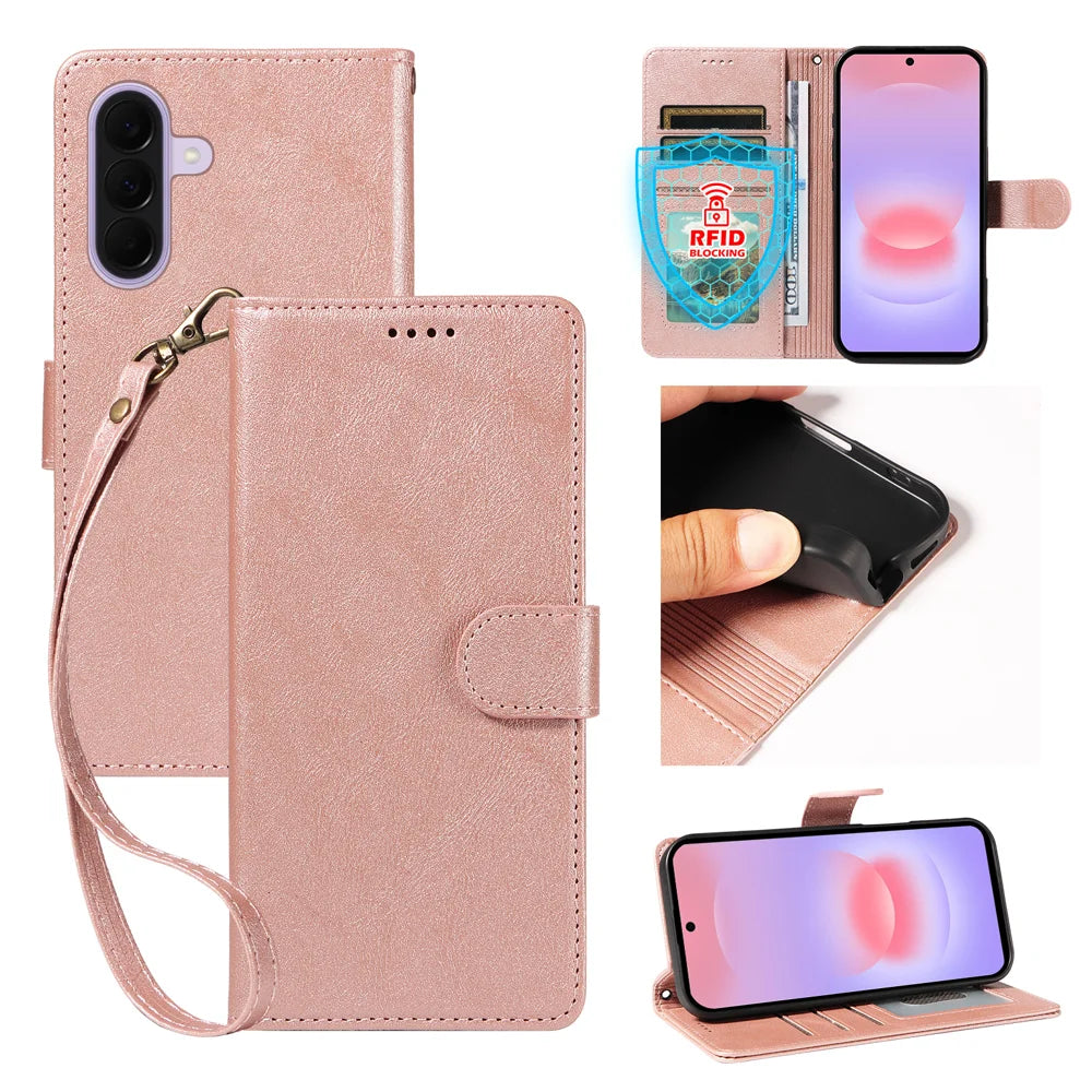 For Samsung Galaxy A27 5G Case with Wrist Strap RFID Blocking Wallet Cowhide Texture Leather Phone Cover - Rose Gold - 1