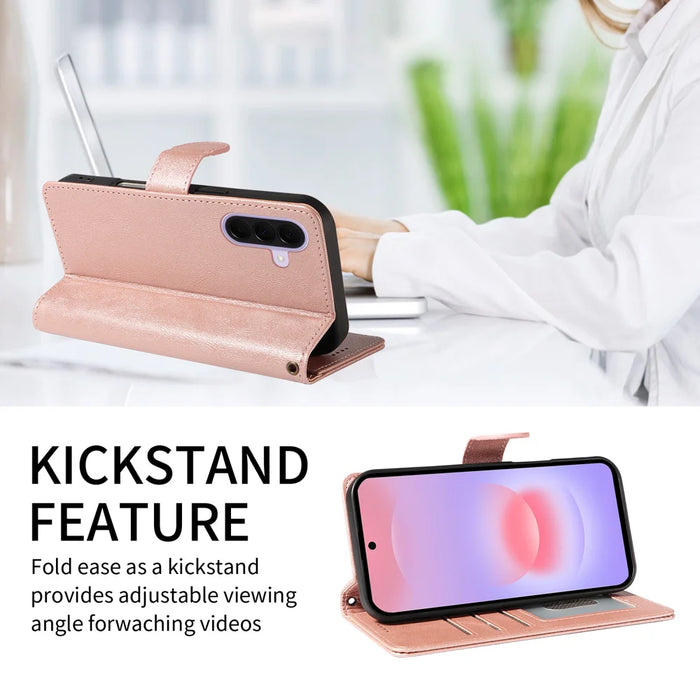 For Samsung Galaxy A27 5G Case with Wrist Strap RFID Blocking Wallet Cowhide Texture Leather Phone Cover - Rose Gold - 2
