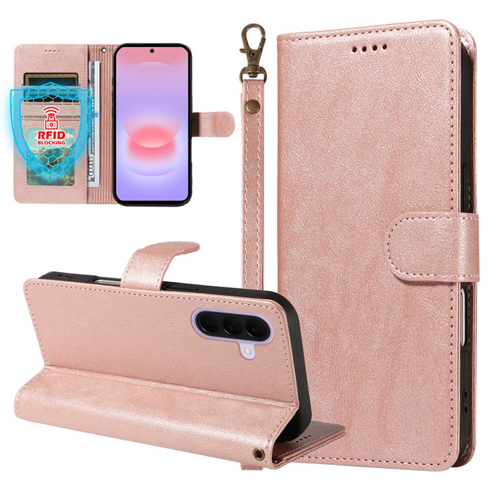For Samsung Galaxy A27 5G Case with Wrist Strap RFID Blocking Wallet Cowhide Texture Leather Phone Cover - Rose Gold - 3