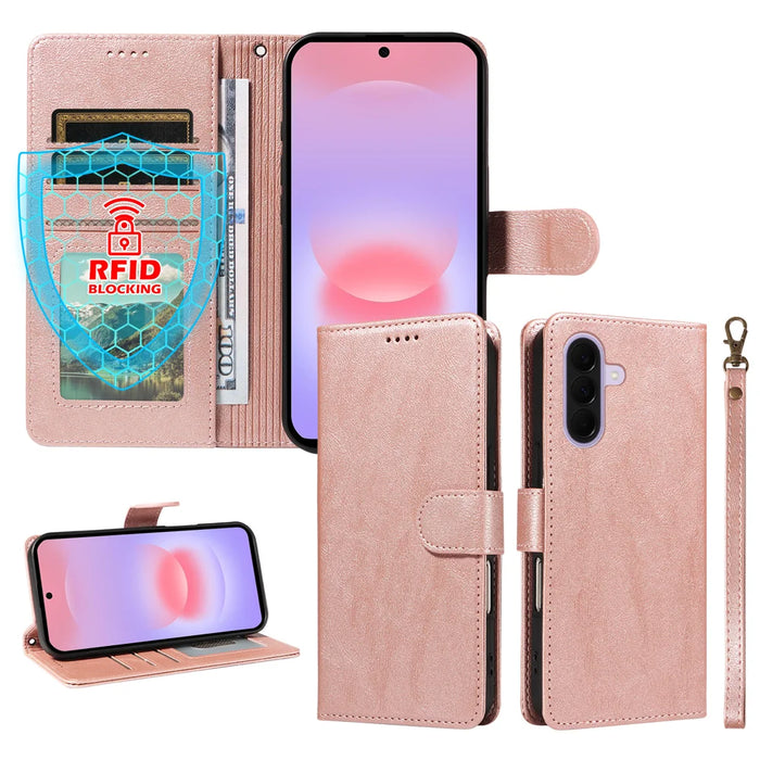 For Samsung Galaxy A27 5G Case with Wrist Strap RFID Blocking Wallet Cowhide Texture Leather Phone Cover - Rose Gold - 4