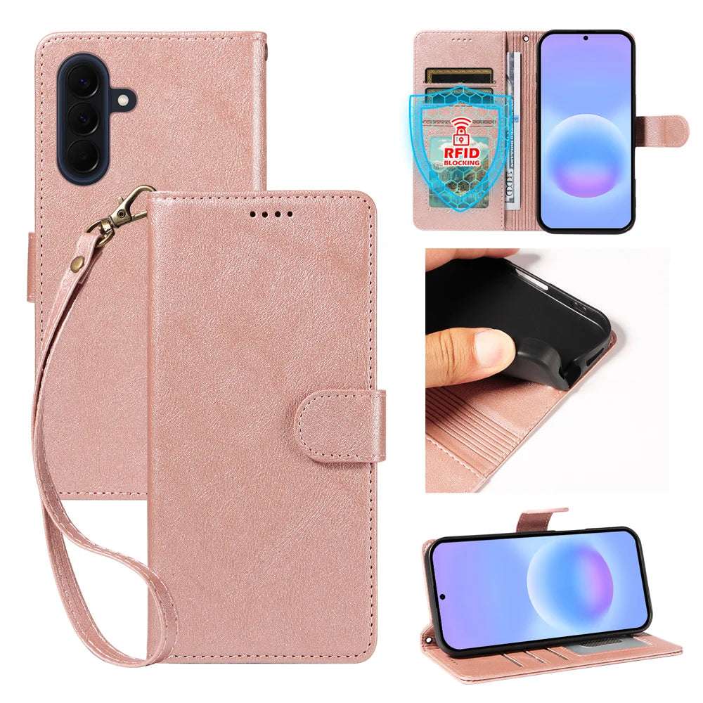 For Samsung Galaxy A57 5G Case with Wrist Strap RFID Blocking Wallet Cowhide Texture Leather Phone Cover - Rose Gold - 1