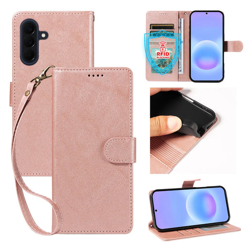 For Samsung Galaxy A57 5G Case with Wrist Strap RFID Blocking Wallet Cowhide Texture Leather Phone Cover - Rose Gold - 1