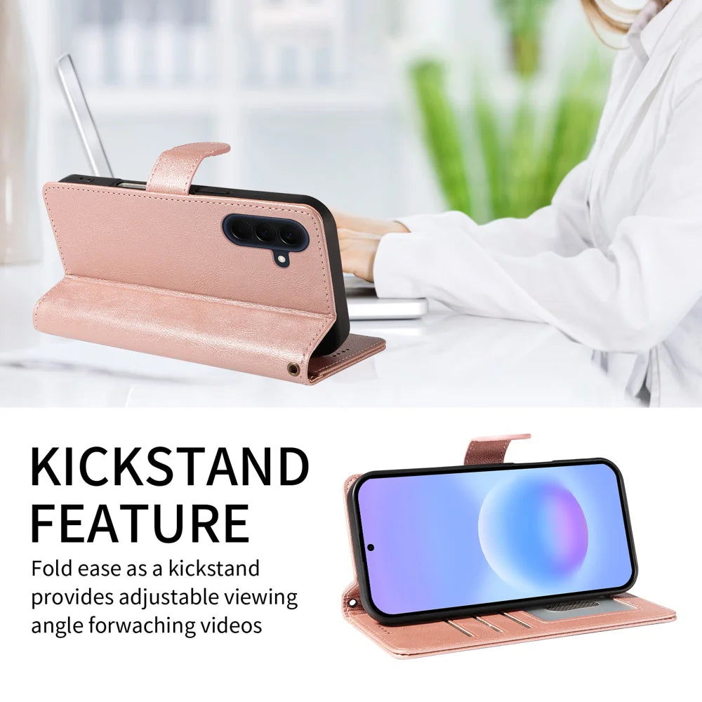 For Samsung Galaxy A57 5G Case with Wrist Strap RFID Blocking Wallet Cowhide Texture Leather Phone Cover - Rose Gold - 2