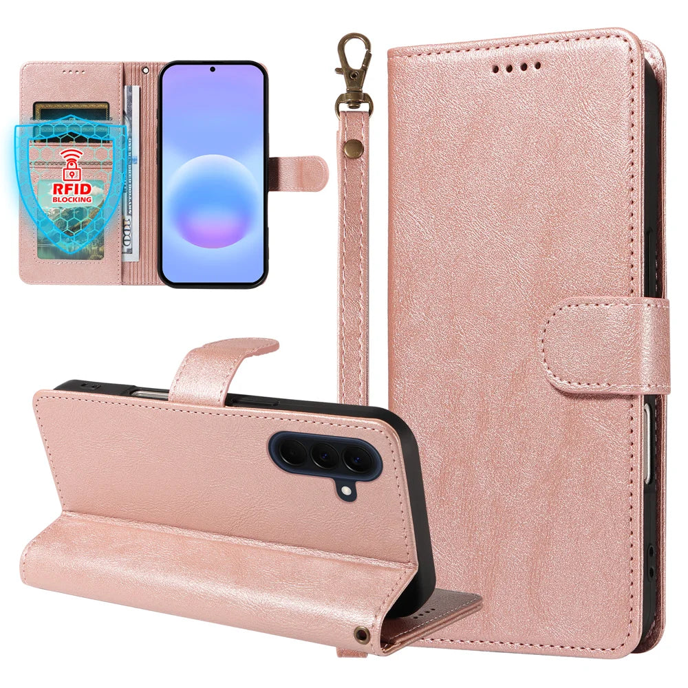 For Samsung Galaxy A57 5G Case with Wrist Strap RFID Blocking Wallet Cowhide Texture Leather Phone Cover - Rose Gold - 3