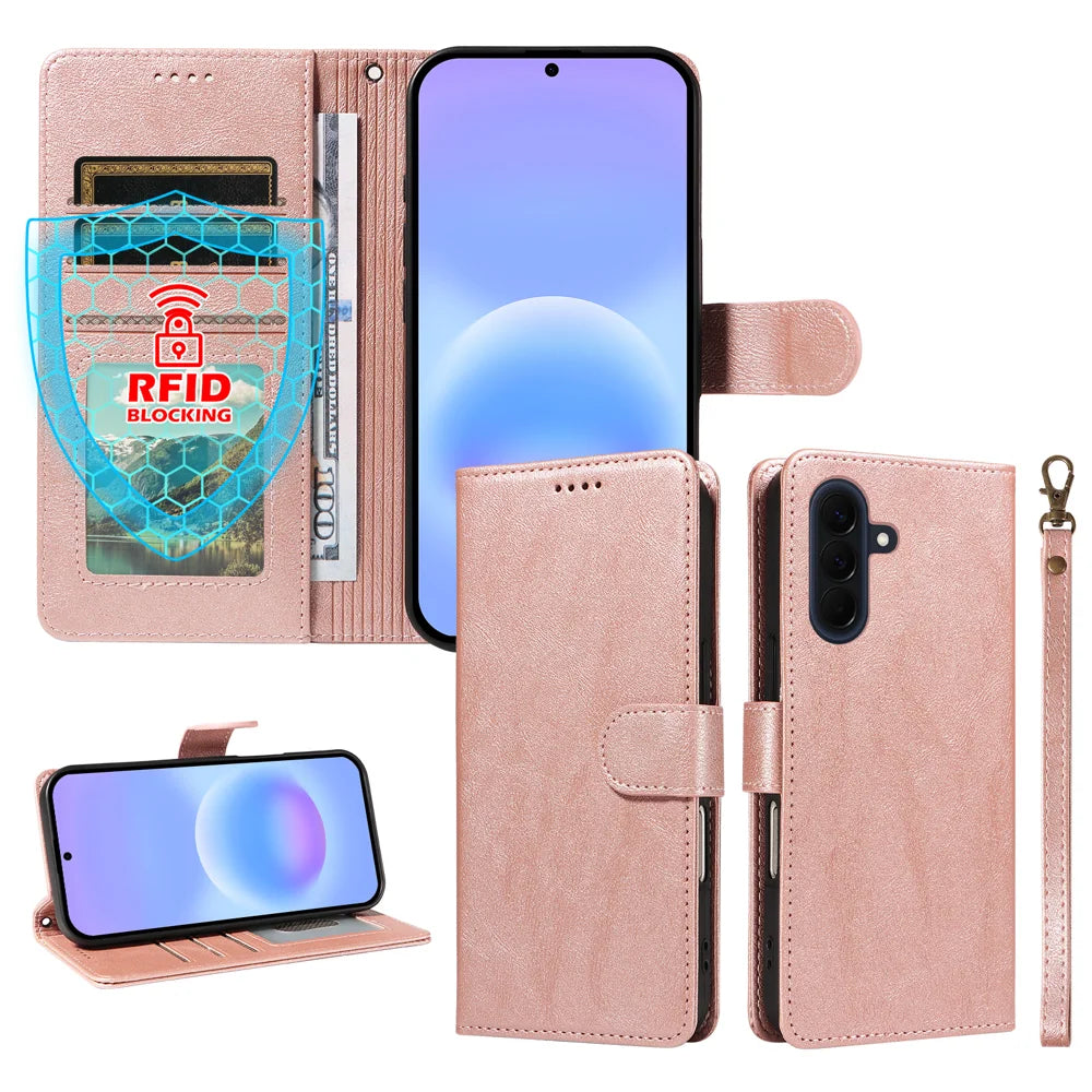 For Samsung Galaxy A57 5G Case with Wrist Strap RFID Blocking Wallet Cowhide Texture Leather Phone Cover - Rose Gold - 4