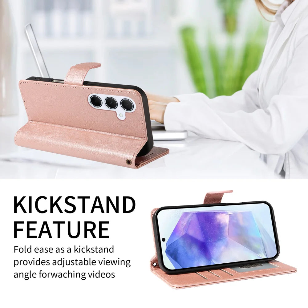 For Samsung Galaxy A55 5G Case with Wrist Strap RFID Blocking Wallet Cowhide Texture Leather Phone Cover - Rose Gold - 2
