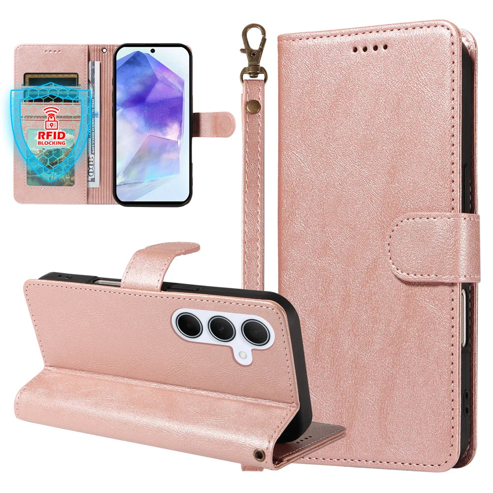 For Samsung Galaxy A55 5G Case with Wrist Strap RFID Blocking Wallet Cowhide Texture Leather Phone Cover - Rose Gold - 3