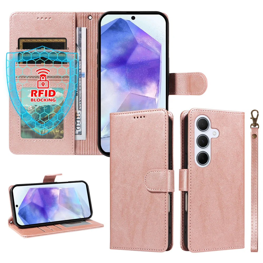 For Samsung Galaxy A55 5G Case with Wrist Strap RFID Blocking Wallet Cowhide Texture Leather Phone Cover - Rose Gold - 4
