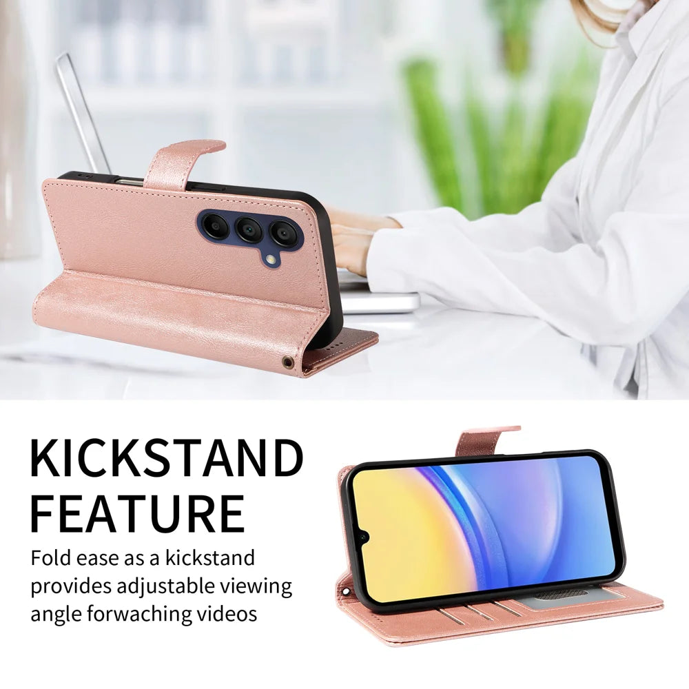 For Samsung Galaxy A15 5G / Galaxy A15 4G Case with Wrist Strap RFID Blocking Wallet Cowhide Texture Leather Phone Cover - Rose Gold - 2