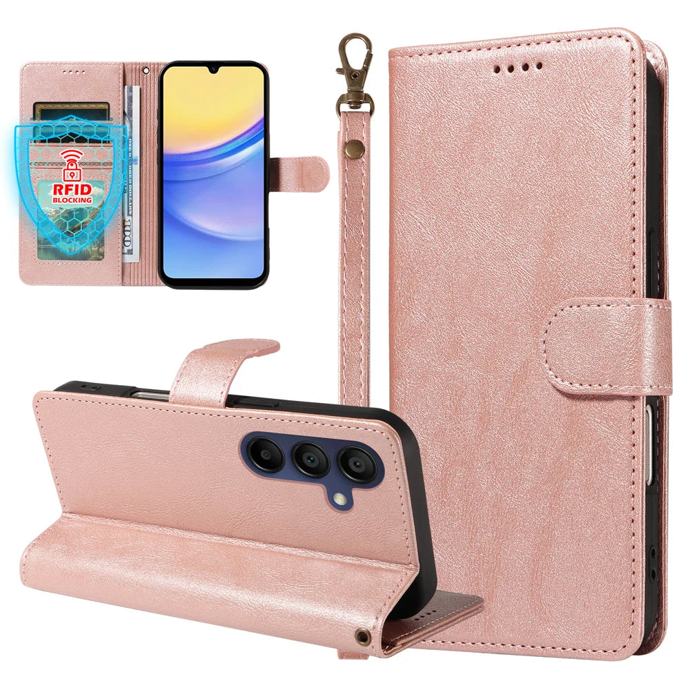 For Samsung Galaxy A15 5G / Galaxy A15 4G Case with Wrist Strap RFID Blocking Wallet Cowhide Texture Leather Phone Cover - Rose Gold - 3