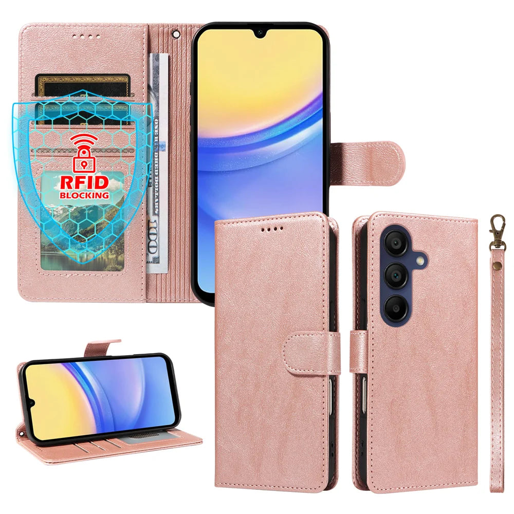 For Samsung Galaxy A15 5G / Galaxy A15 4G Case with Wrist Strap RFID Blocking Wallet Cowhide Texture Leather Phone Cover - Rose Gold - 4