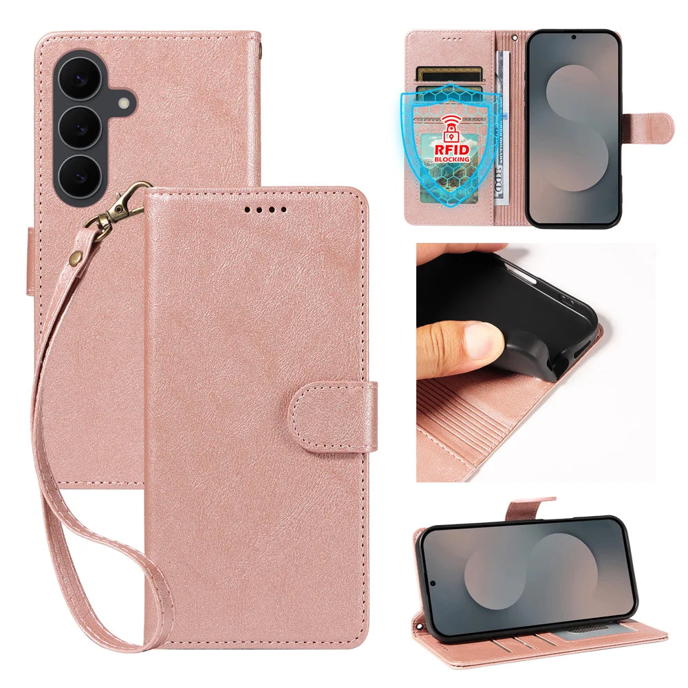 For Samsung Galaxy S25 FE Case with Wrist Strap RFID Blocking Wallet Cowhide Texture Leather Phone Cover - Rose Gold - 1