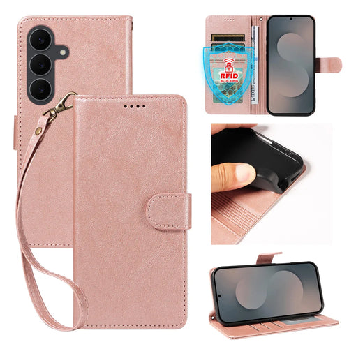 For Samsung Galaxy S25 FE Case with Wrist Strap RFID Blocking Wallet Cowhide Texture Leather Phone Cover - Rose Gold - 1